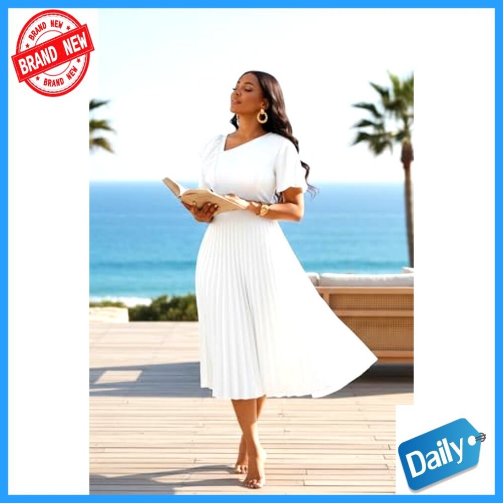 Pleated Midi Dress with Ruffles, V-Neck, Short Sleeve, Semi-Formal - Picture 2 of 7